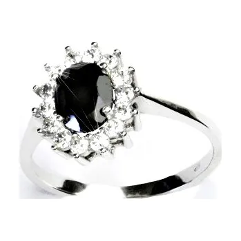 Drahý kámen Zlatý prsten, žluté i bílé zlato, Kate, přírodní černý spinel - pleonast, čiré zirkony, T 1507