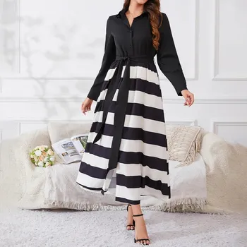 Dámské šaty pruhované šaty – dlouhý rukáv, áčkový střih Barva: Černá, Velikost: M