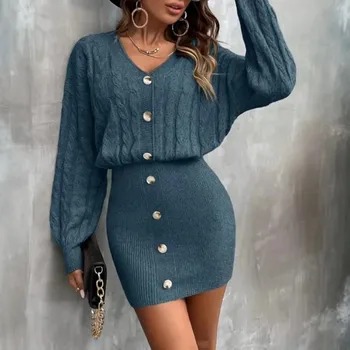 Dámské šaty Dámské pletené šaty s dlouhým rukávem a úzkým pasem Barva: Modrá, Velikost: M