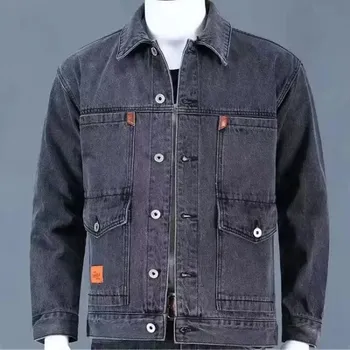 Pánský bomber Pánská džínová bunda – volný pracovní styl na jaro a podzim Barva: Šedá, Velikost: 5XL