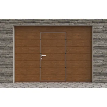 Garážová vrata DoorHan Sekční garážová vrata s dveřmi, barva Zlatý dub, Woodgrain, Středová drážka Šířka stavebního otvoru&nbsp;(mm): 3000, Výška stavebního otvoru&nbsp;(mm): 2470
