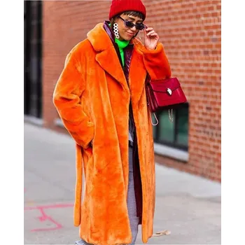 Dámský kabát Zimní dámský kabát s páskem z umělé kožešiny Barva: Oranžová, Velikost: XL