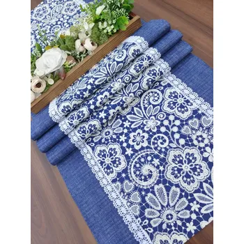 ubrus Běhoun na stůl – bílá krajka na folklórní modré| Ruční výroba (Rozměr: 42 x 145 cm)