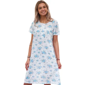 Dámská noční košile Noční košilka s modrým květinovým motivem a zapínáním u krku 1C4097 bílá l