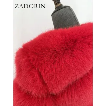 Dámská parka Zimní dámský kabát z umělé kožešiny s kapucí Barva: Červená, Velikost: XL