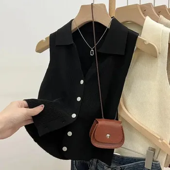 Best Fashion Letní dámská pletená vesta bez rukávů s límečkem Černá ONE SIZE