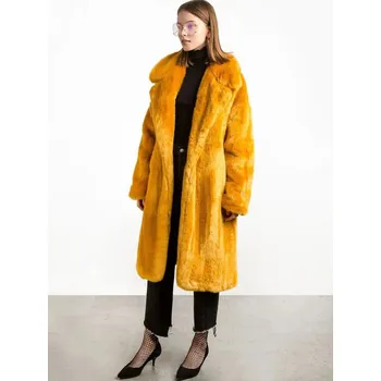 Dámský kabát Zimní dámský kabát s páskem z umělé kožešiny Barva: Žlutá, Velikost: S