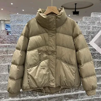 Dámská parka bunda s knoflíky a límcem – zimní model s výplní Barva: Khaki, Velikost: M