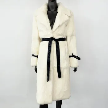 Dámský kabát Dámský luxusní kabát králík s páskem Velikost: S, Barva (Varianta): Béžová