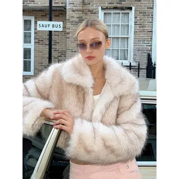 Dámská parka Krátký huňatý dámský kabátek z umělé kožešiny s límcem Barva: Béžová, Velikost: L