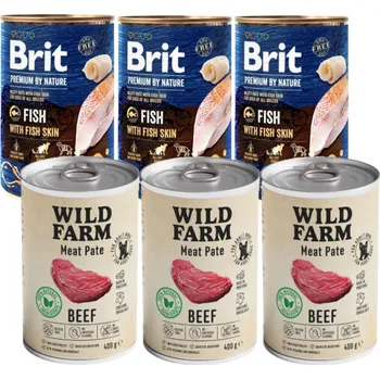 Pro psa Brit Premium by Nature Fish with Fish Skin 3x400g & WILD FARM Pate Beef 3x400g bezlepkové krmivo pro psy