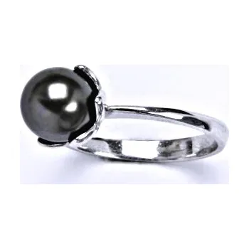 Prsten Zlatý prsten, Swarovski dark perla 8 mm, bílé i žluté zlato - T 1351