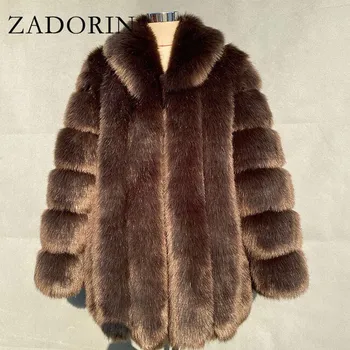 Dámská parka Kožich / kožešinová bunda s límečkem a dlouhým rukávem Barva: Kávová, Velikost: 3XL