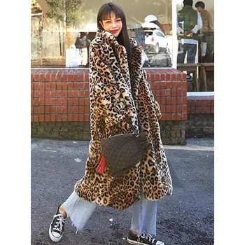 Dámský kabát Dlouhý kabát z kožešiny se zvířecím vzorem leopard Barva: Leopardí, Velikost: M