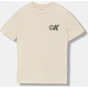 Chlapecké tričko Dětské bavlněné tričko Calvin Klein Jeans béžová barva, s potiskem, IB0IB02544 IB0IB02544.9BYA 02X, vel. 164