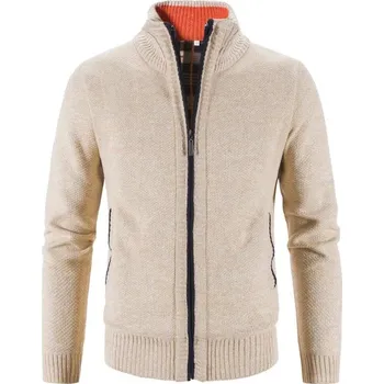 Pánský svetr Pánský silný svetr na zip – stojáček, pletený, zimní Barva: Khaki, Velikost: L