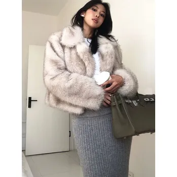 Dámský kabát A.Zado.Rin Krátký dámský kabát z umělé kožešiny s límcem Šedá M