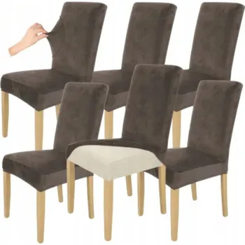 Potah na židli Elastický potah na židli, hnědý, velurový, sada 6 ks