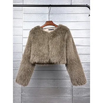 Dámský kožich Krátký huňatý dámský kabátek z umělé kožešiny Barva: Khaki, Velikost: L
