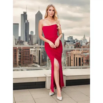 Dámské šaty Večerní šaty s jedním rukávem, rozparek, odhalená záda Barva: Červená, Velikost: S