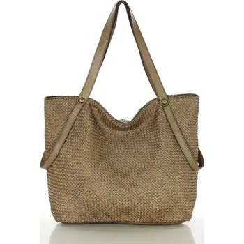 Kabelka GENUINE LEATHER Velká tkaná kožená vintage shopper taška MAZZINI; béžová
