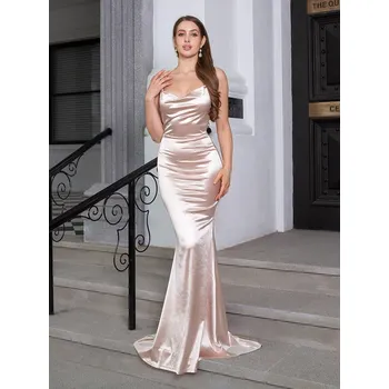 Dámské šaty Dámské saténové večerní šaty – přiléhavý střih s ramínky Barva: Krémová, Velikost: M