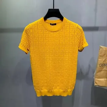 Letní pánské tričko s jemným vzorem a krátkým rukávem Barva: Žlutá, Velikost: M