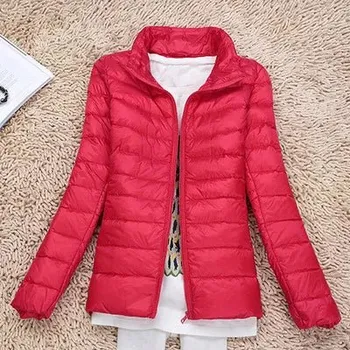 Dámská parka Dámský zimní kabát – tenká péřová bunda s kapucí, větruodolná Barva: Červená, Velikost: L