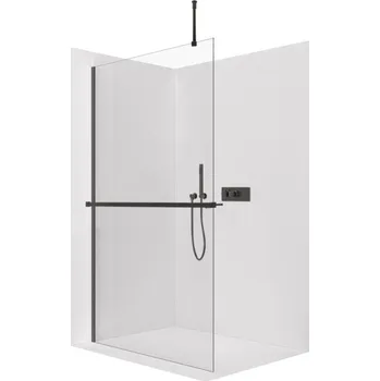 CERANO - Sprchová zástěna Walk-in Onyx Top Round L/P - 10 mm - kulatá vzpěra + polička/držák na ručníky - černá matná, transparentní sklo - 140x200 cm