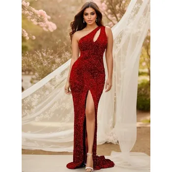 Dámské šaty Koktejlové šaty z veluru, jedno rameno, bez rukávů Barva: Červená, Velikost: S