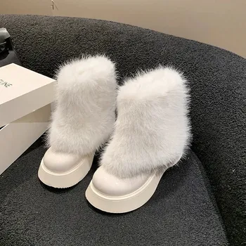 Dámská zimní obuv Zateplené dámské domácí boty s kožešinou a platformou Barva: Béžová, Velikost: 39