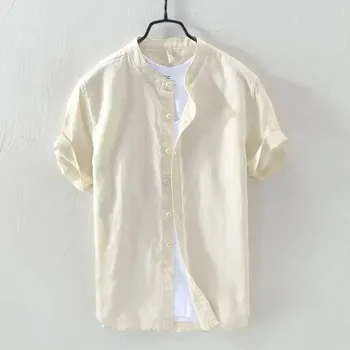 Pánská košile Pánská košile z lnu – volný střih, krátký rukáv Velikost: 2XL, Barva (Varianta): Khaki stand collar 740 breathable wicking