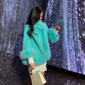 Dámský kabát kabát s límcem z liščí kožešiny – vlněný s dlouhým rukávem Barva: Modrá, Velikost: L