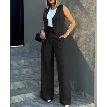 dámská vesta + kalhoty s vysokým pasem – elegantní komplet Barva: Černá, Velikost: M