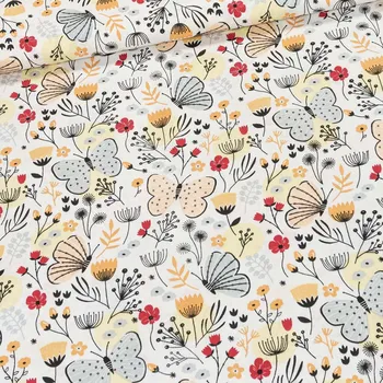 Bavlněné plátno 103000/17046, louka a motýli na bílé, š.140cm (látka v metráži)