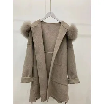 Dámský kabát kašmírový kabát s kapucí – měkký, kožešinový límec, volný střih Velikost: M, Barva (Varianta): Khaki