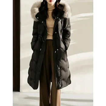 Dámská parka Dámský dlouhý péřový kabát – odnímatelný kožešinový límec Barva: Černá, Velikost: XL