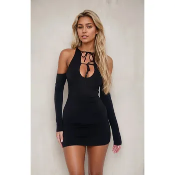 Dámské šaty Černé minišaty – jarní kolekce, slim střih, výstřih na ramenou Barva: Černá, Velikost: XL