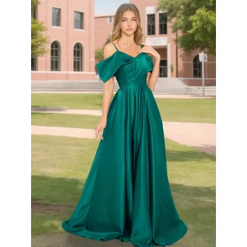 Dámské šaty Společenské šaty s ramínky, A-linie, šněrování, dlouhá vlečka Barva: Zelená, Velikost: M