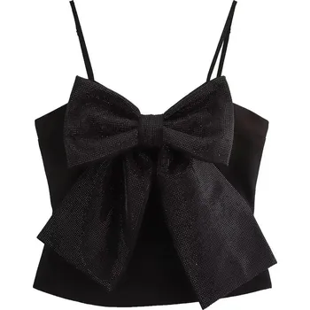 Krátký top s mašlí a třpytkami ve stylu korzetu Barva: Černá, Velikost: M