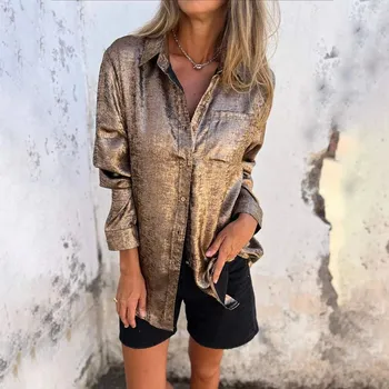 Dámská košile košile s dlouhým rukávem – zářivý styl Barva: Zlatá, Velikost: L