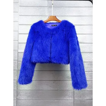 Dámský kožich Krátký huňatý dámský kabátek z umělé kožešiny Barva: Safírová, Velikost: M
