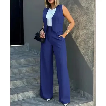 dámská vesta + kalhoty s vysokým pasem – elegantní komplet Barva: Modrá, Velikost: S