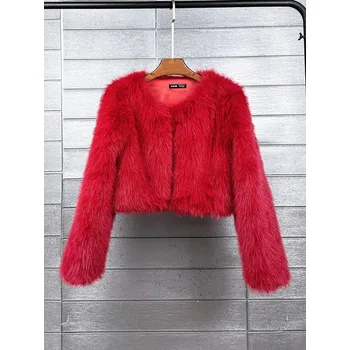 Dámský kožich Krátký huňatý dámský kabátek z umělé kožešiny Barva: Červená, Velikost: S