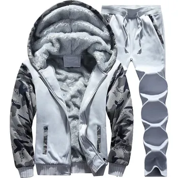 Zimní pánská souprava – zateplená mikina s kapucí a tepláky Barva: Světle Šedá, Velikost: L