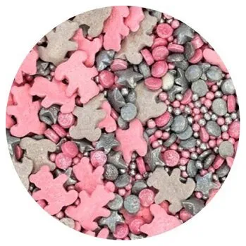 Jedlá dekorace na dort Cukrové zdobení růžovo-stříbrní medvídci 1kg - I LOVE CAKES