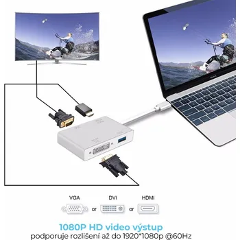 Video kabel Přepojka / adaptér 4v1 - USB-C na HDMI / VGA / 3x USB-A - stříbrný