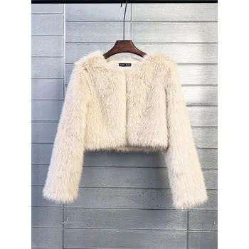 Dámský kožich Krátký huňatý dámský kabátek z umělé kožešiny Barva: Aprikotová, Velikost: L