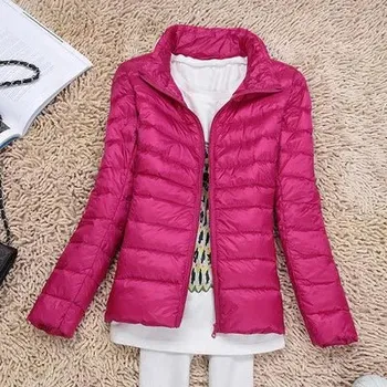 Dámská bunda Dámský zimní kabát – tenká péřová bunda s kapucí, větruodolná Barva: Fuchsiová, Velikost: M