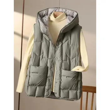 Dámská vesta prošívaná péřová vesta bez rukávů – s kapucí Barva: Zelená, Velikost: M